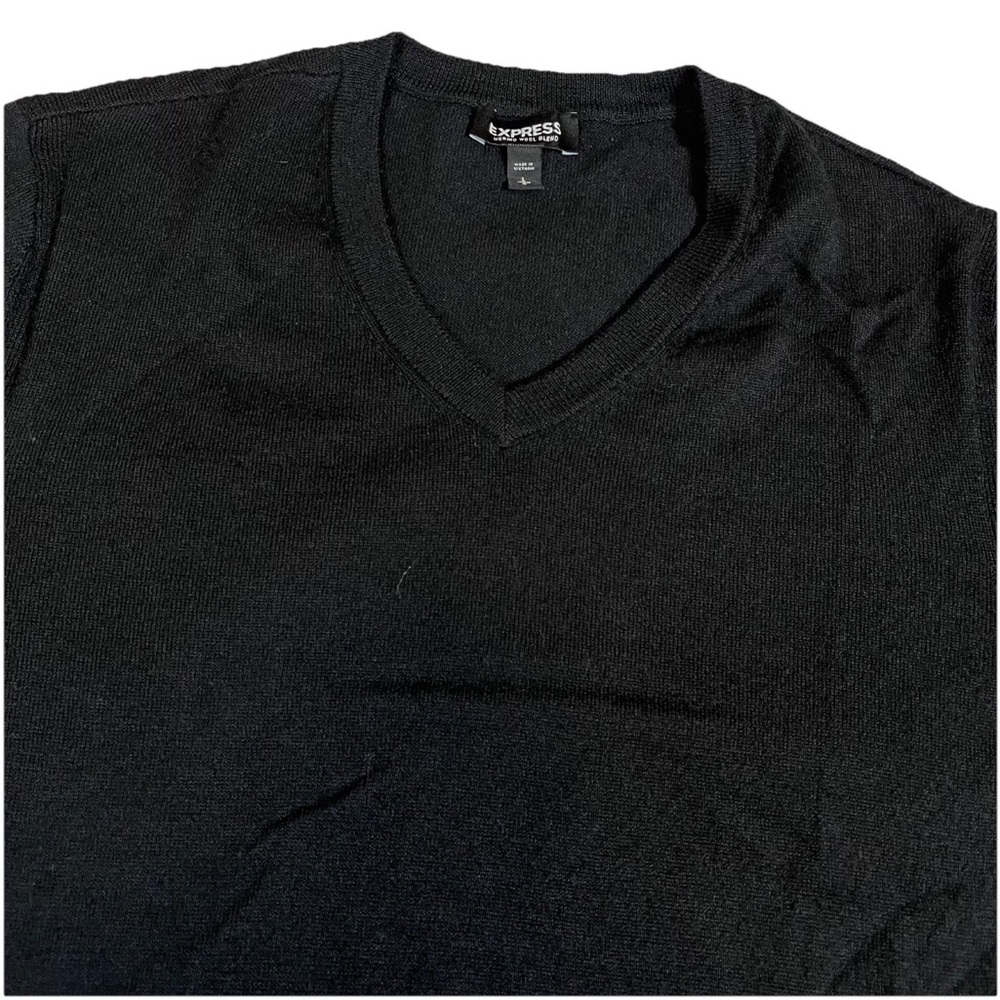 Express Merino Wool Blend V-Neck Sweater Pullover Black L‎ Minimalist